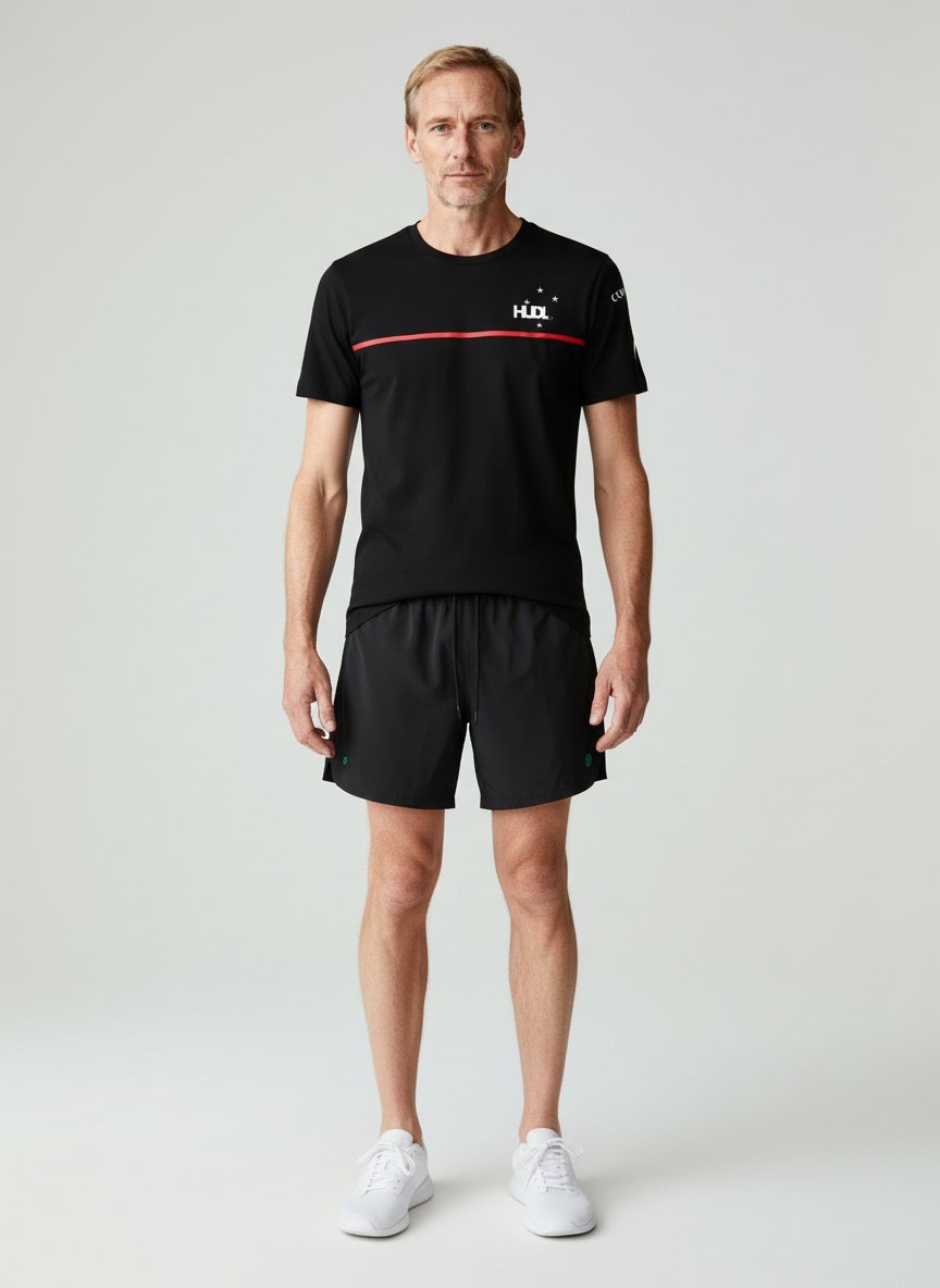 A man standing wearing a Paul Coll squash shirt fabric detail – anti-odor silver-plated yarn technology in Black